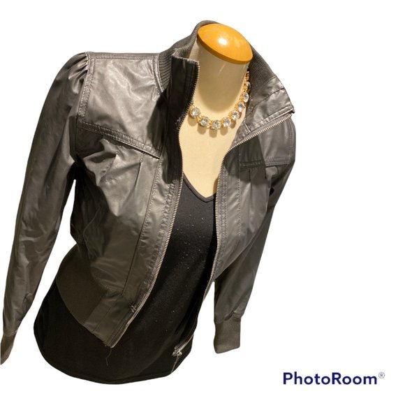 Bomber Jacket Sz L. Pleather Ribbed Cuffs and at the Waist Grey - Picture 1 of 5